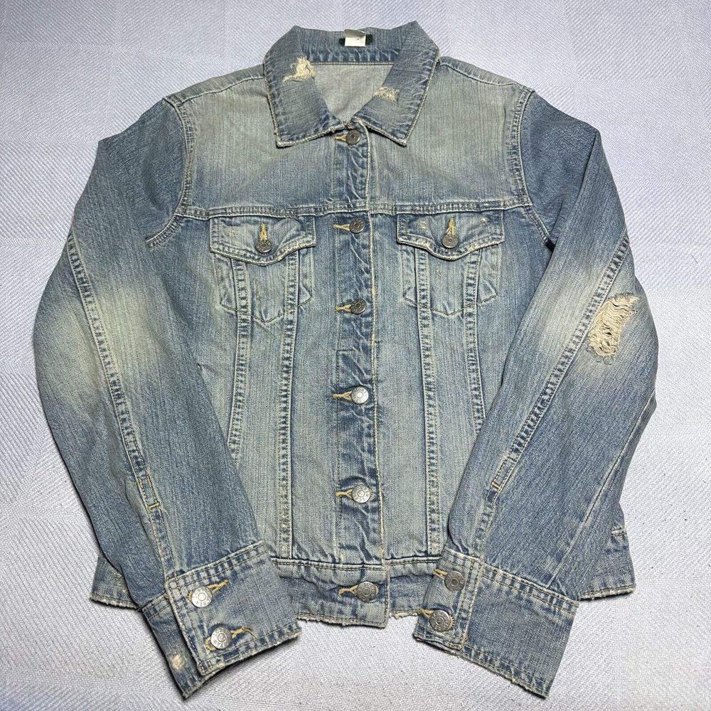 Vintage Y2K J Crew Distressed Faded Blue Denim Jean Jacket Women's Size Medium
